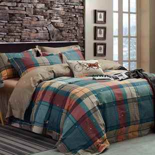 正品 长绒棉全棉10支纯磨毛四件套格子2229x20被纯棉套秋冬床3 美式