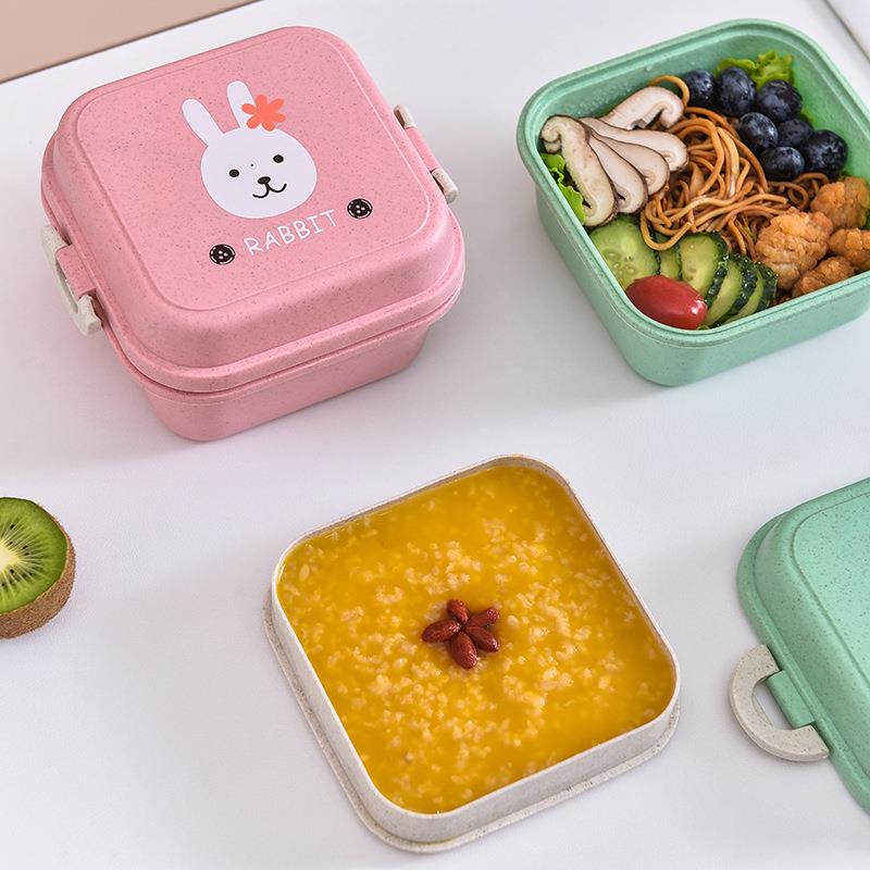 可爱方形饭盒学生便携餐盒双层塑料便当盒保鲜盒微波加热保温饭盒