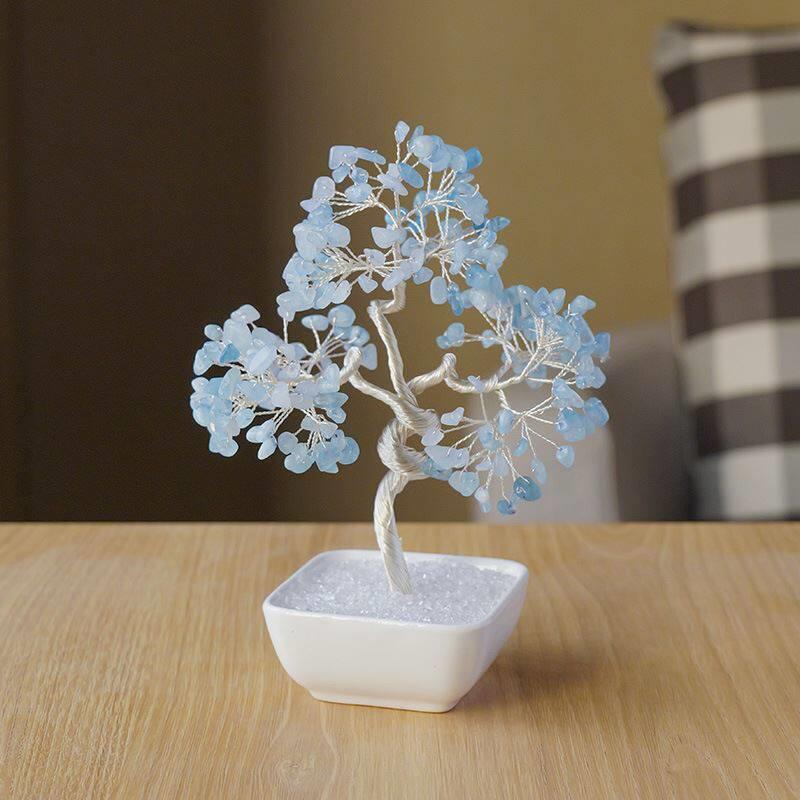天然海蓝宝水晶树摆件生命之树发财树桌面办公装饰工位招财摆件