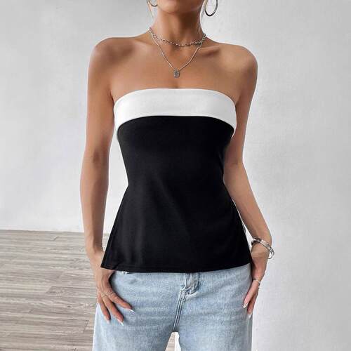 Womens Casual Colorblock Backless Split Side Tube Top