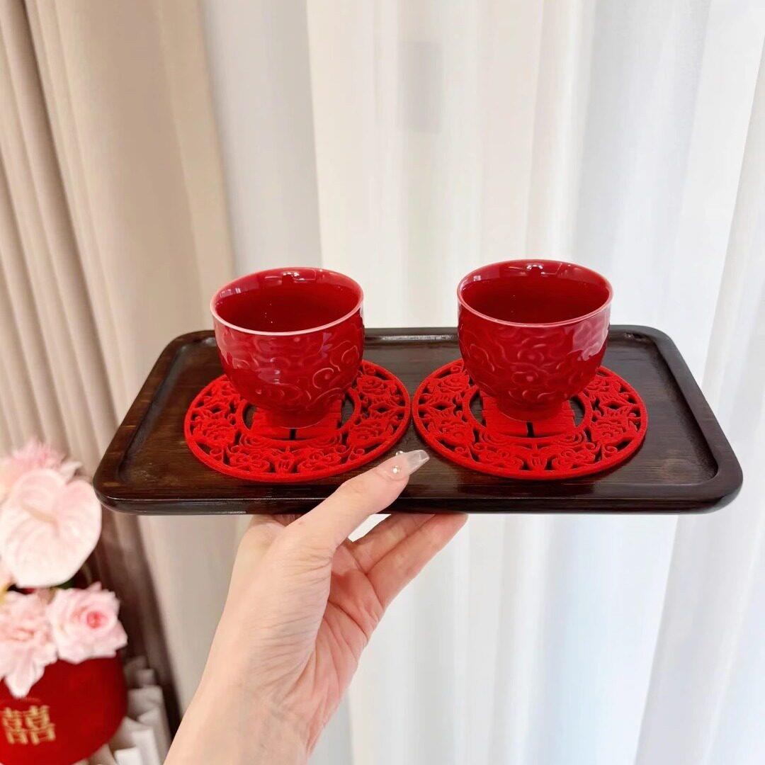 结婚红色陶瓷敬酒茶杯一对新中式主人杯家用茶盏婚礼喜庆茶具套装