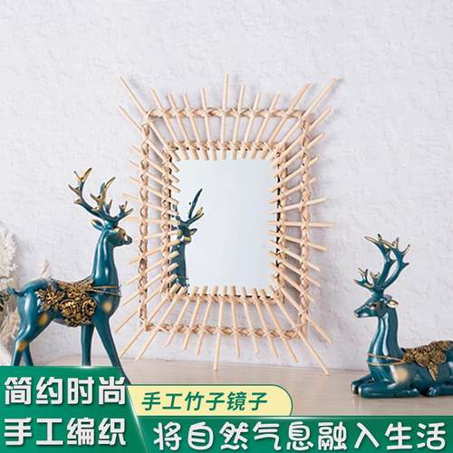 厂家货源方形竹编装饰镜子 民宿洗漱台壁挂镜 简约墙面化妆镜