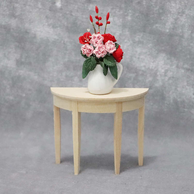 1:12娃娃屋dollhouse迷你家具模型实木素坯玄关半圆小桌子半边台