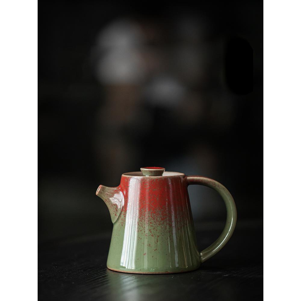 陶瓷茶壶手工刻绘鎏金矾红小潘壶泡茶器郎窑绿单壶窑变茶壶