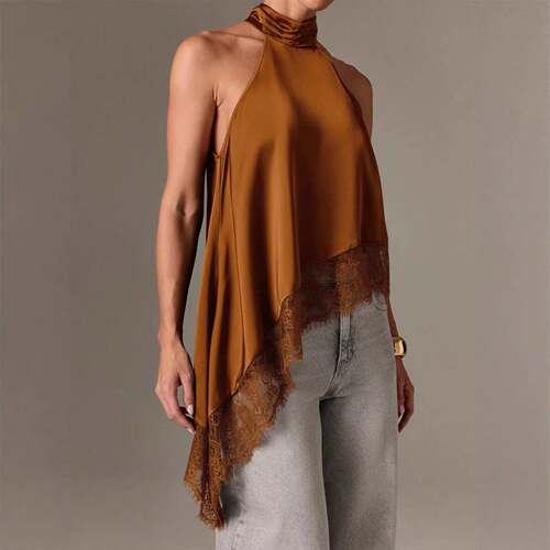 Women's Satin Halter Top Asymmetrical Hem with Lace Trim