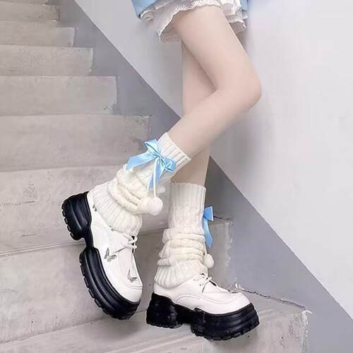 Women Knit Leg Warmers Winter Cute Knee High Socks With Bow