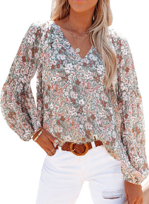 Women's collar top, women's lantern sleeve, T blood floral s