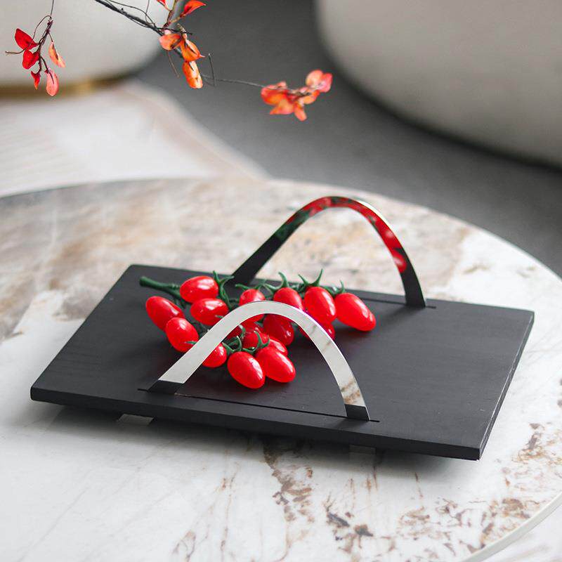 样板房软装饰品金属提手拱桥实木托盘摆件家居客厅茶几收纳盘摆设