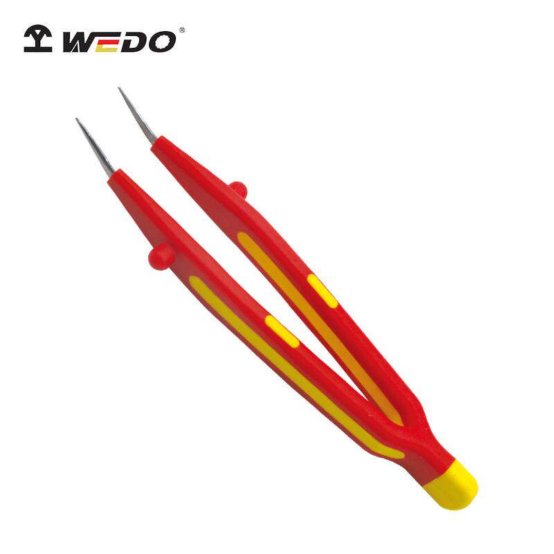 WEDO维度双色绝缘弯尖横齿镊子钳绝缘耐压多功能夹持工具厂家直供