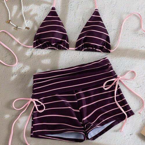 Trendy Striped Halter Neck Triangle Bikini Set with Boyshort
