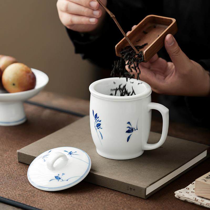 陶瓷办公杯三件套纯手绘釉下蝴蝶兰带盖马克杯中国白个人泡茶杯子
