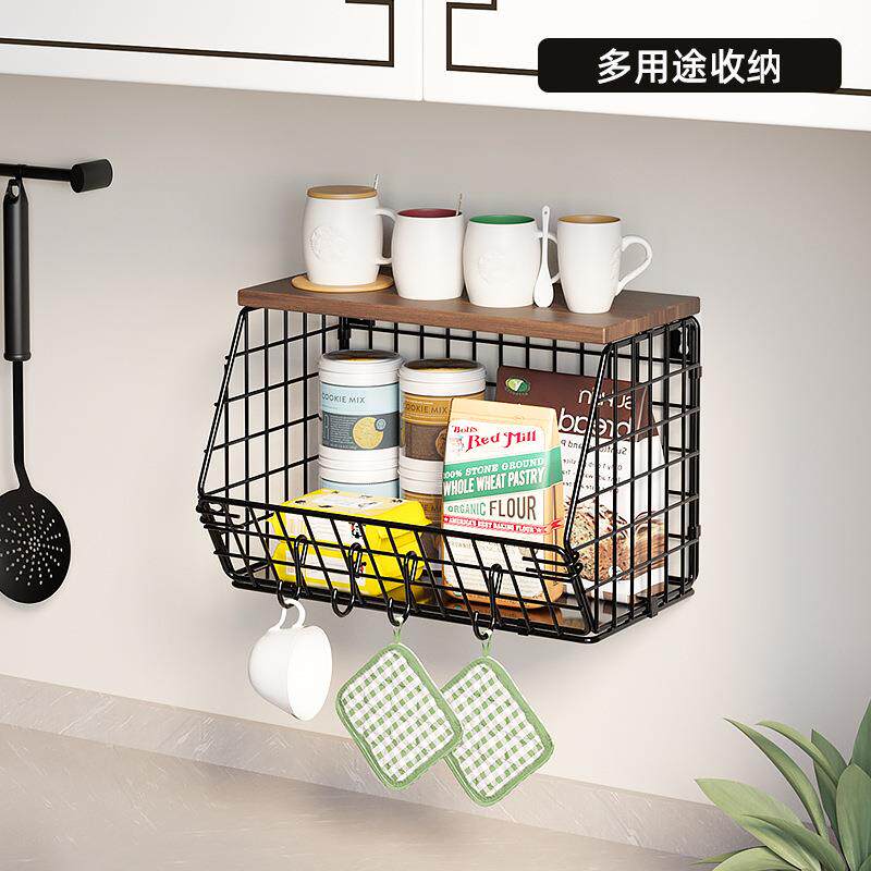 跨境壁挂式厨房置物架加厚铁艺木质收纳架可折叠蔬菜水果收纳篮
