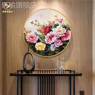 网红富贵楼牡灯门玄关装饰画梯圆新中走式丹廊形挂画壁画高入级感