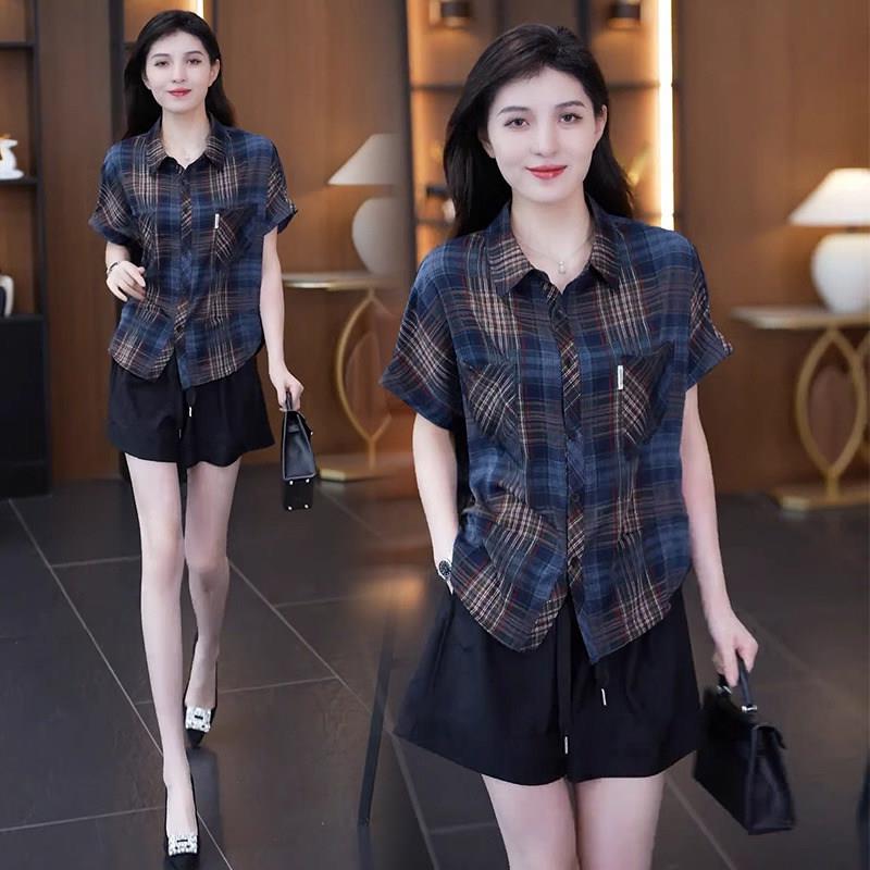 格子衬衫女短袖夏季薄款2026新款高级设计感减龄洋气休闲衬衣上衣