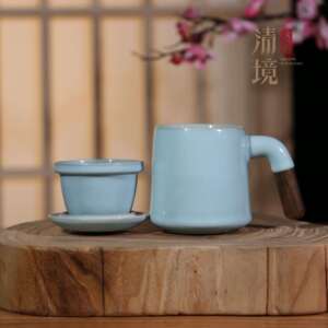汝窑汝瓷创意国潮风木柄杯带盖茶水分离带滤网办公杯陶瓷马克杯
