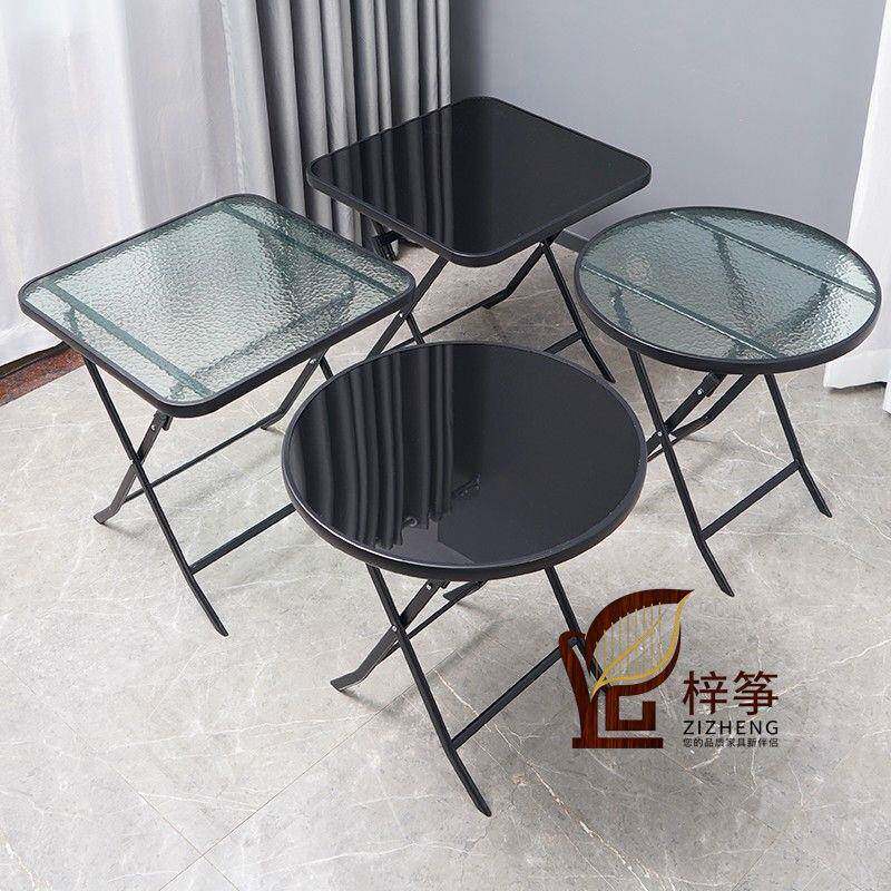 折叠餐桌奶茶店简易小圆桌阳台打牌桌子家用钢化玻璃小圆桌子户外