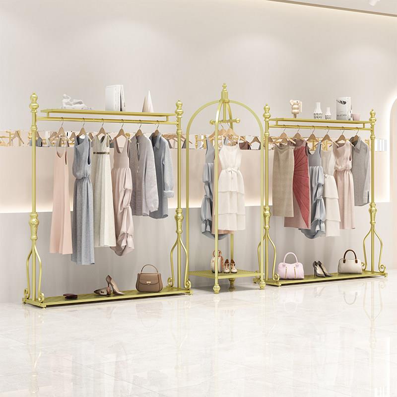 轻奢铁艺服装展示架女装店挂衣架加厚服装落地货架金色挂衣陈列架