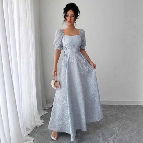 Elegant Light Blue Square Neck Bubble Sleeve Jacquard Dress
