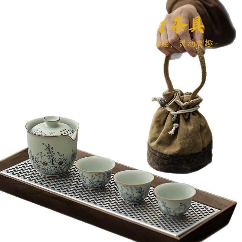亚青旅行茶具套装一壶三杯中式户外便携茶壶茶杯复古陶瓷快客杯