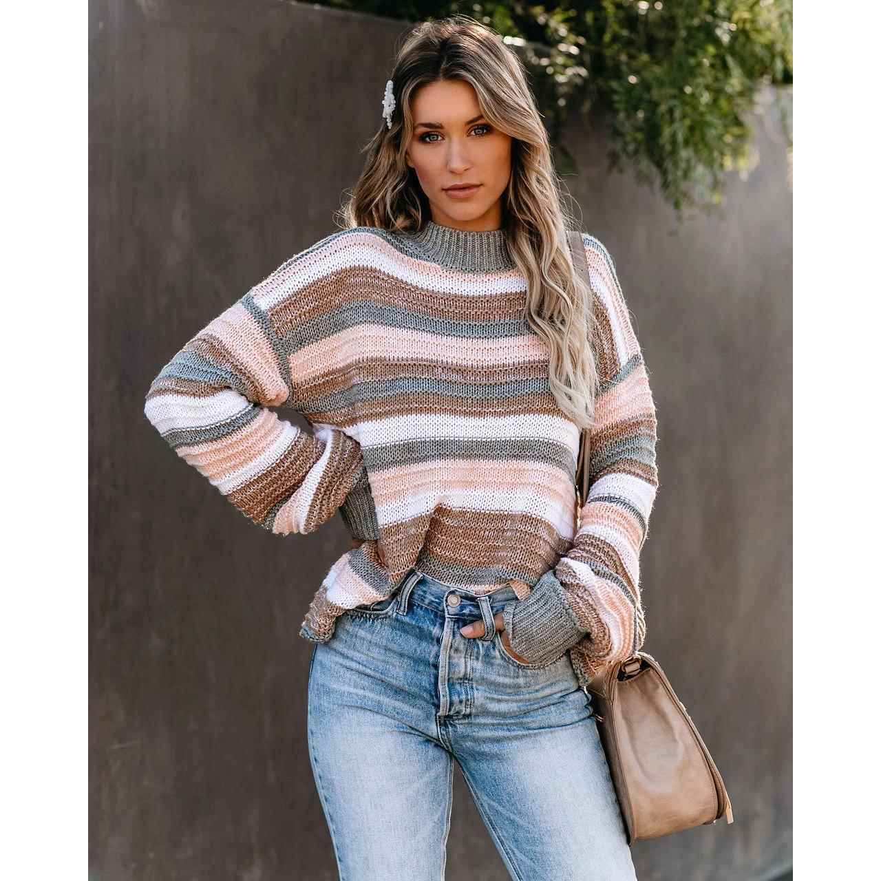 Pullover stitching striped tunic sweater round neck knit