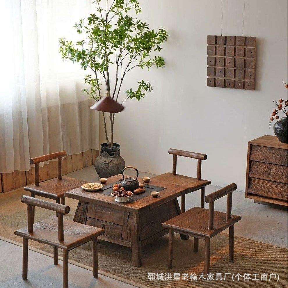 老榆木实木复古茶桌茶台派对聚会围炉煮茶桌仿古多人火锅桌餐桌