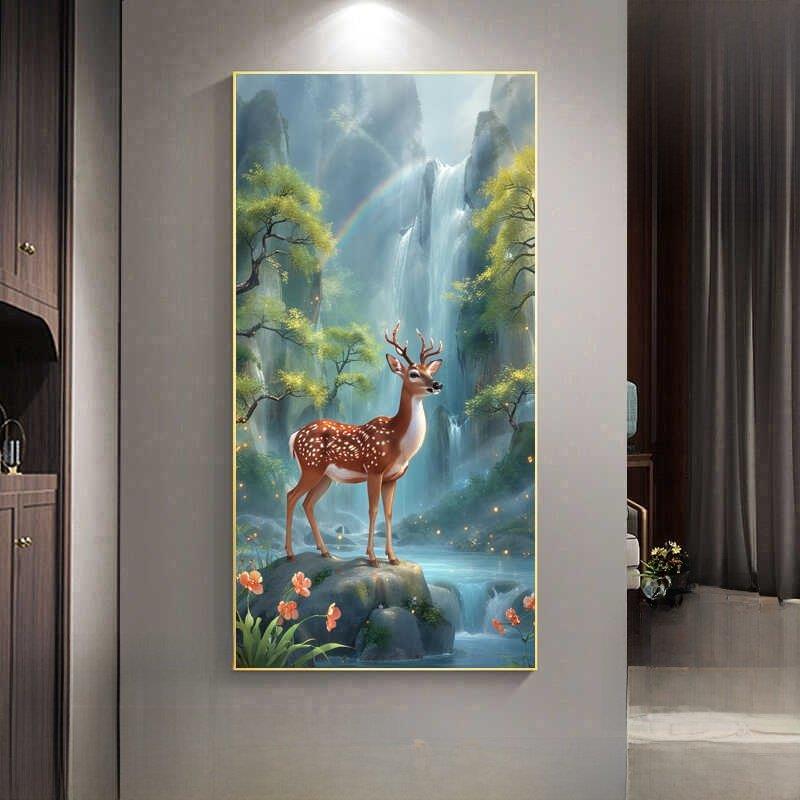 梅花鹿客厅挂画山水壁画吉祥鹿入口背景墙入口走廊过道精品装饰画
