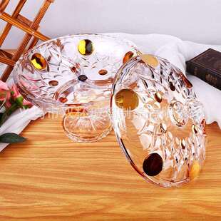 高脚大果盘水晶玻璃轻奢描真金带盖三宫格糖果干果盘 捷克风欧式