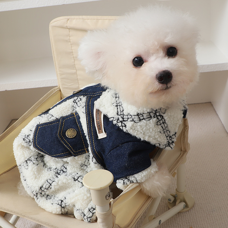 冬季防着凉保暖四脚按扣绣花深色牛仔双层套装宠物机车服外套