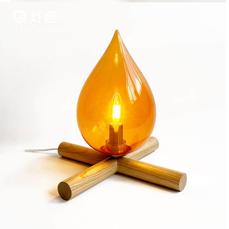 胡桃木色复古台灯 卧室氛围小夜灯 手工吹制玻璃灯罩木质创意