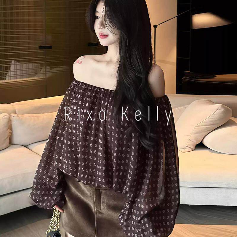 Rixo Kelly法式复古印花一字肩灯笼袖衬衫女春季宽松气质百搭上衣