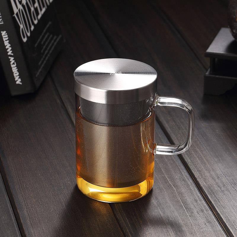 尚明玻璃花茶杯茶水分离杯办公室用泡茶杯子带盖子不锈钢过滤茶杯