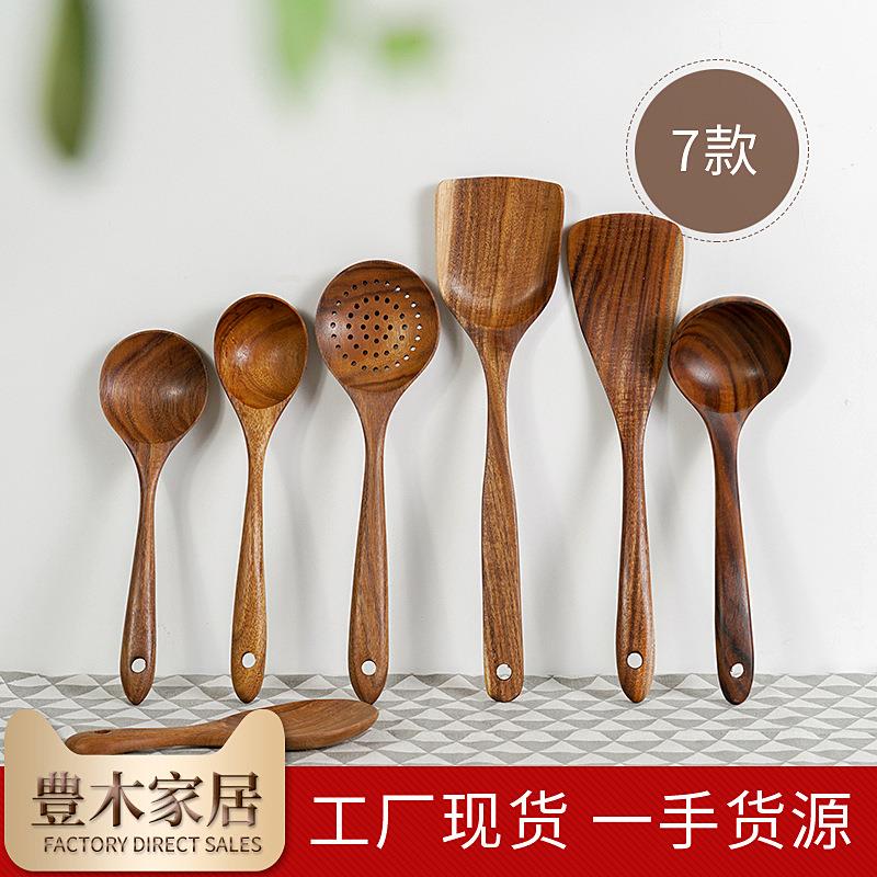 现货烹饪铲勺泰国柚木长把锅铲实木木铲厨具长柄不粘锅炒菜铲