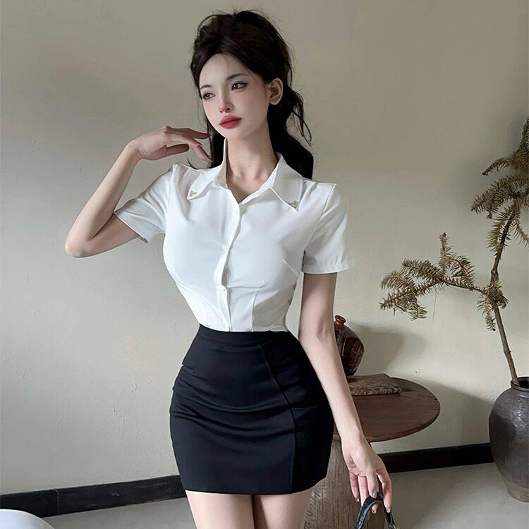 酒店水疗足道会所技师工服女风职业装修身短袖白衬衣包臀裙套装