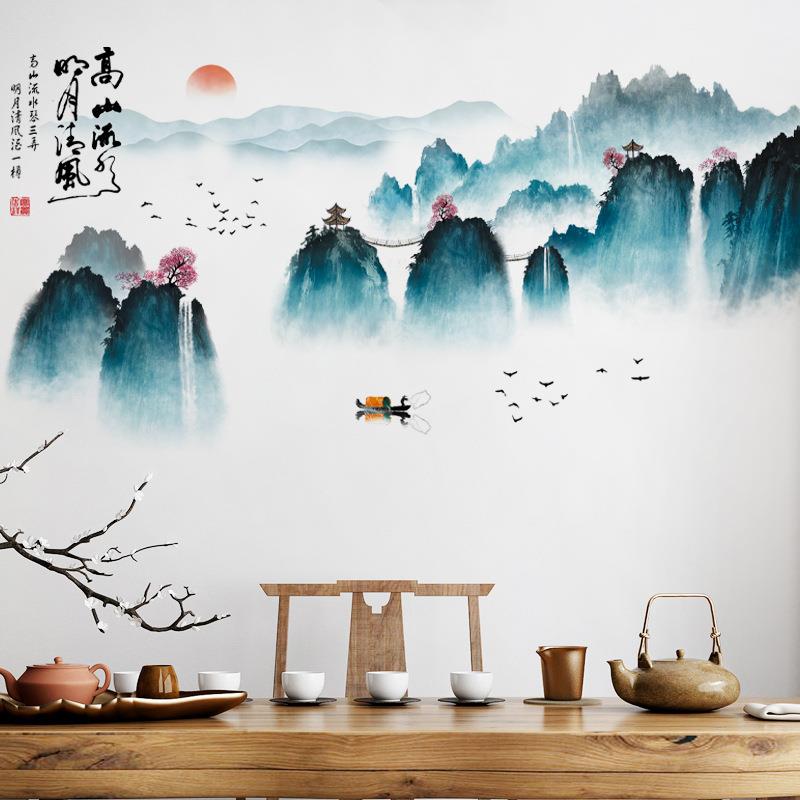 电视背景墙水墨山水墙贴画自粘国风古风客厅居家墙面布置装饰贴纸