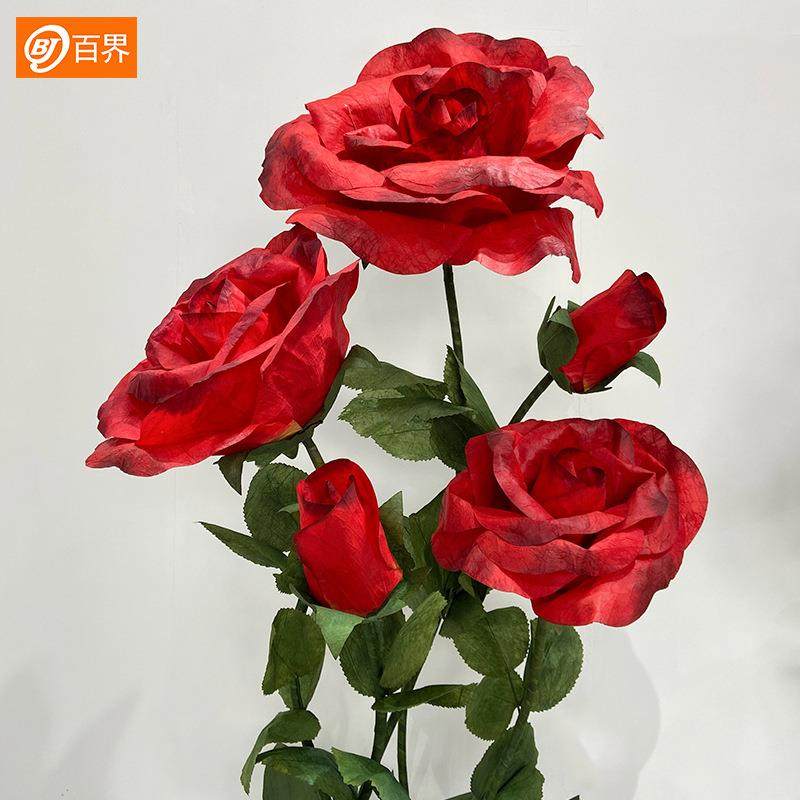 纸场艺仿花大型手OPO工纸花褶皱真玫瑰花商橱窗美陈现婚礼场装饰