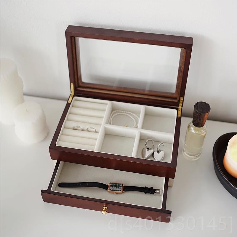 高档胡木色双指层实用复古首桃收饰盒大容量实木韩国珠宝盒戒手表