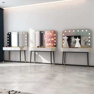 北欧婚纱影楼铁艺化妆桌椅组合带灯专业化妆台工作室美容店梳妆台