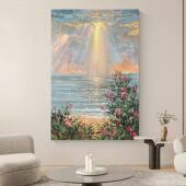 手绘油画玫瑰海岸挂画装 3535 饰肌画奶地油风入户关挂玄画客厅YUT