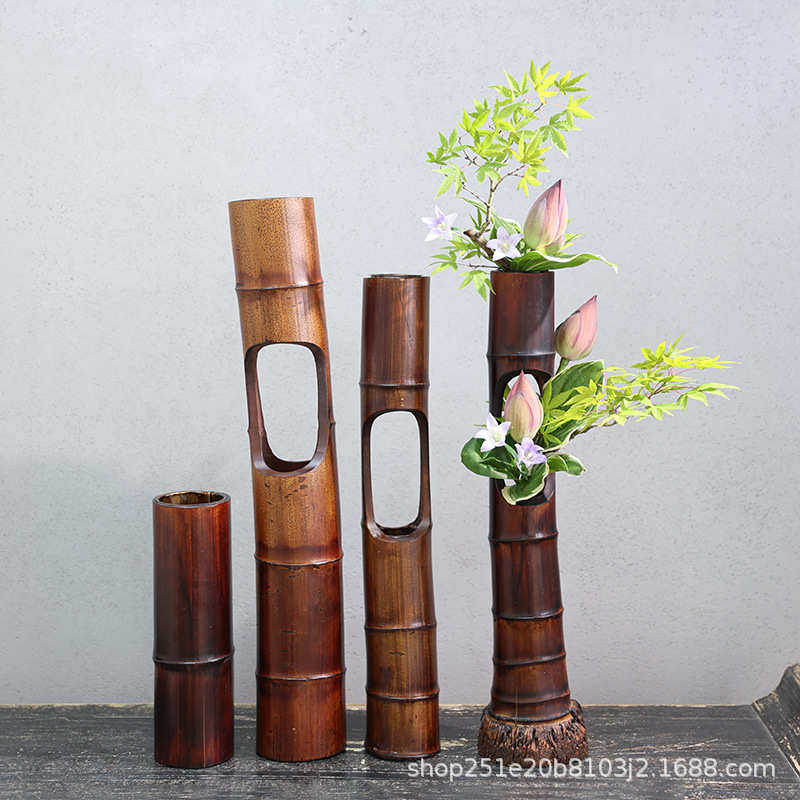竹筒插花器竹子摆件中式日式禅意复古茶席竹制花瓶花盘插花器皿,家居饰品,花瓶,淘宝优惠券,粉丝福利购,淘宝优惠卷