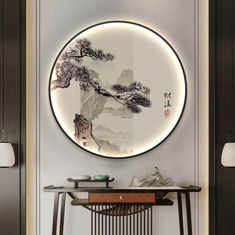 迎客松竹子玄关装饰画新中式水墨禅意圆形挂画led灯画茶室进门画