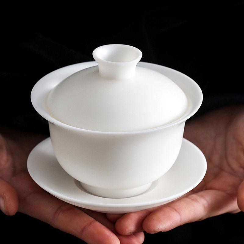瓷中三昧 羊脂玉白瓷大号盖碗茶杯单个家用功夫茶具不烫手泡茶碗