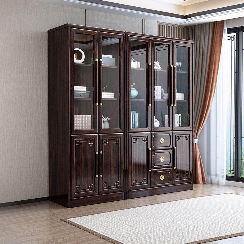 新中式全实木书柜紫金檀木书橱带玻璃门靠墙置物架书房储物柜