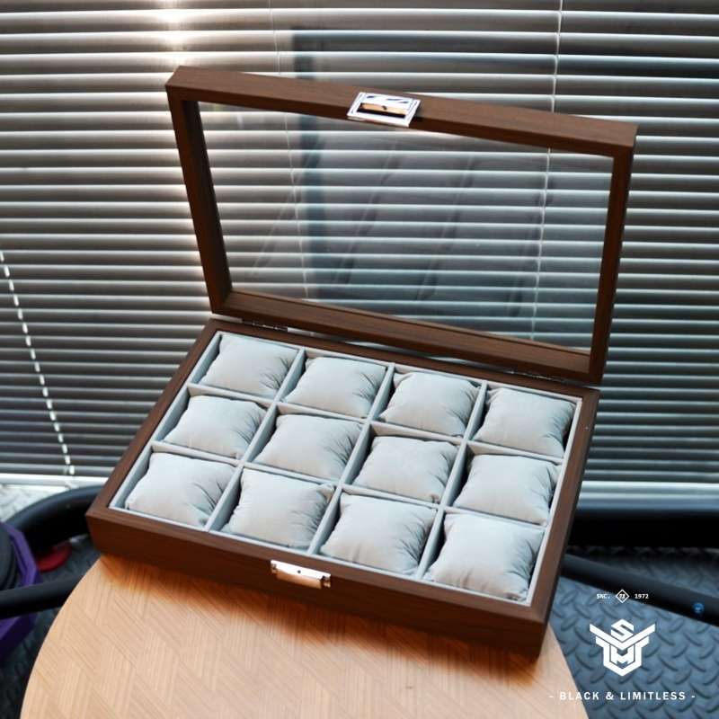 精品复古黑胡桃纹木质12位手表收纳展示陈列盒子木质丝棉枕大小表