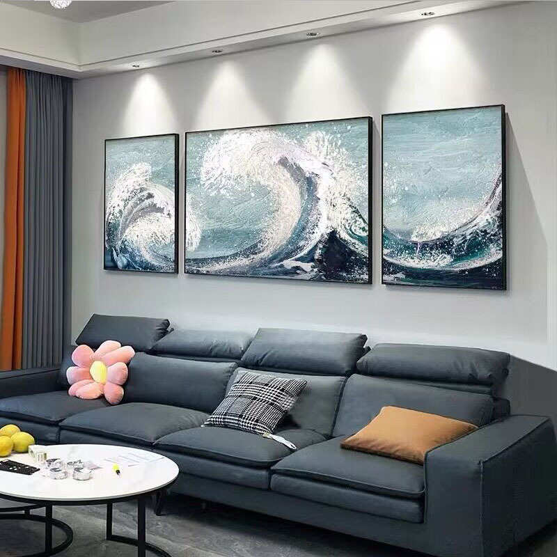纯手绘油画蓝色抽象客厅装饰画轻奢简约肌理三联背景墙壁画立体