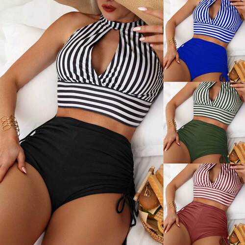 Split bikini striped neck, high waist, belly covering,