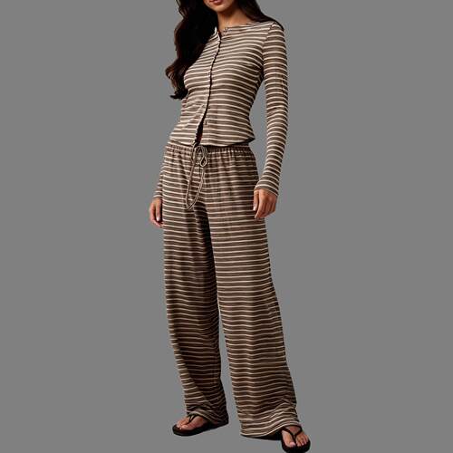 Womens Fall New Striped SingleBreasted Long Sleeve