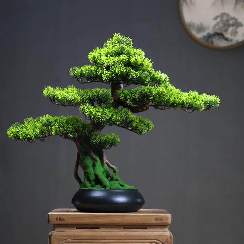 新中式彷真迎客松盆景摆件客厅彷生绿植物松树盆栽办公室崖柏装饰
