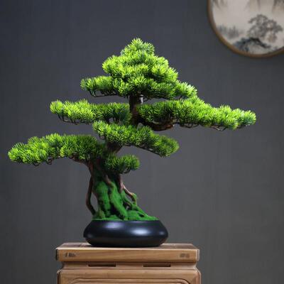 新中式彷真迎客松盆景摆件客厅彷生绿植物松树盆栽办公室崖柏装饰