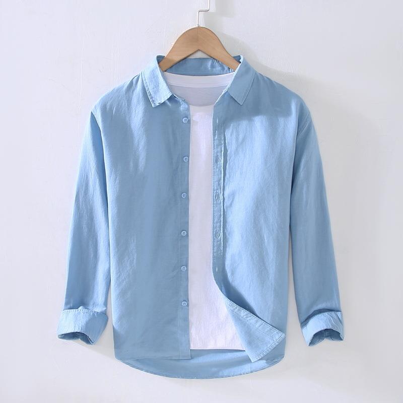 高档棉麻宽衬衫袖定做工作服松咖啡店定约制烘焙简长亚麻衬衣刺绣