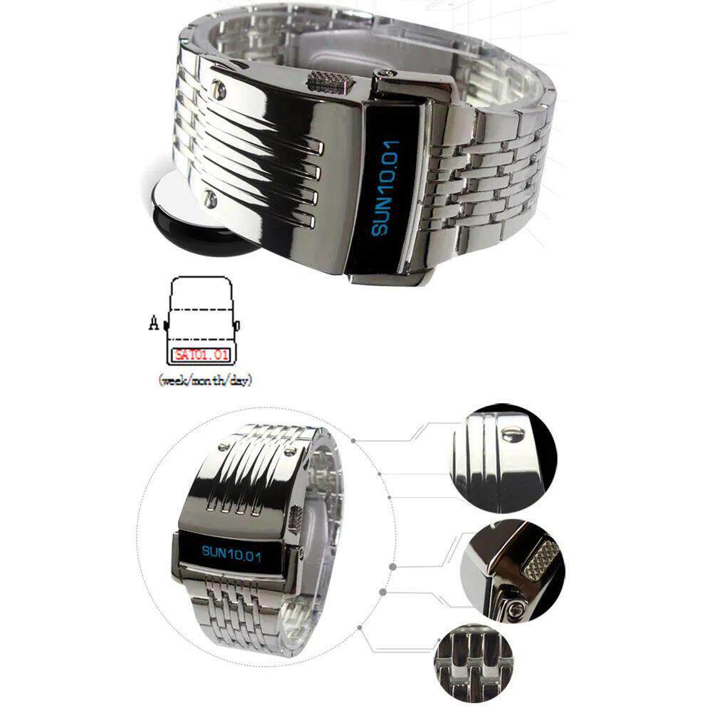 Fashion Electronic Watch Blue LED Display Wide Stainless Ste